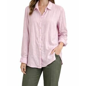 Orvis Sz L Pink Linen Blend Button Up Roll Tab Sleeve Blouse Top Summer Beach